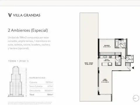 VENTA Departamento 2 ambientes con terraza - Villa Grandas Torre 1