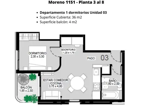 Departamento en Venta de 1 dormitorio