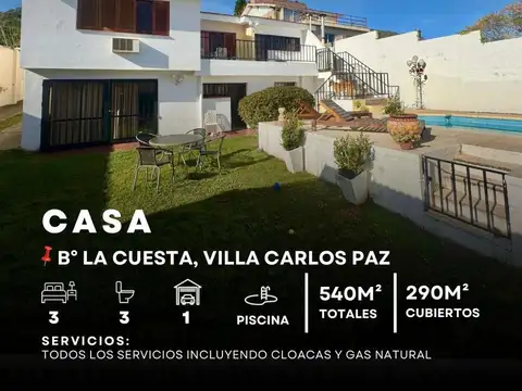 VENTA GRAN CASA 3 DOR Y PILETA EN B° LA CUESTA - VILLA CARLOS PAZ