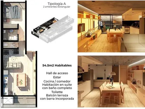 Departamento 2 ambientes con 2 baños