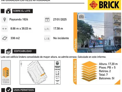 LOTE DE 8.66X39 MTS EN PAYSANDU AL 1600 - A CONSTRUIR 1710 M2 CUB Y BALCONES - CABALLITO