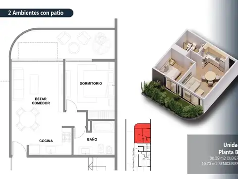 Departamento 2 ambientes con 1 baño