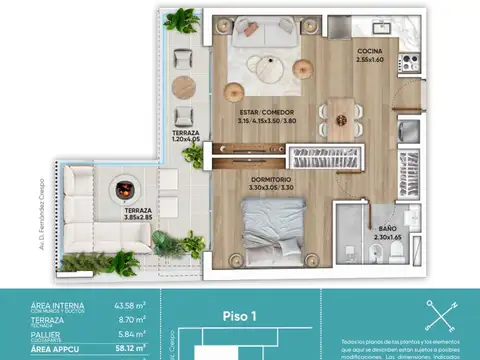 Venta apartamento  1 dorm con patio en Cordón