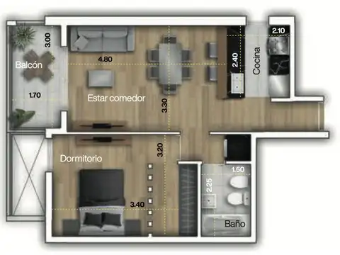 Departamento 2 ambientes con 1 baño